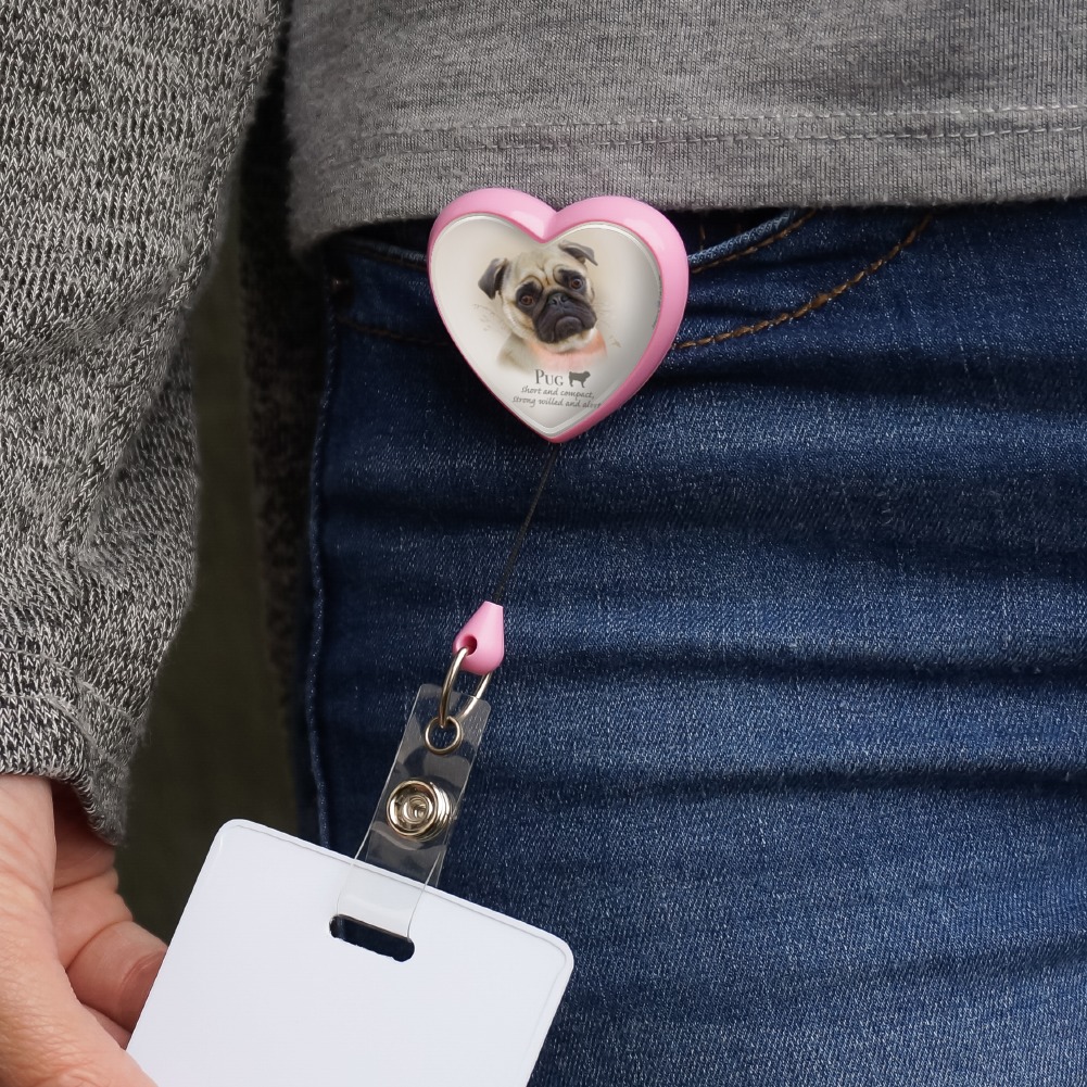 Pug Dog Breed Heart Lanyard Retractable Reel Badge ID Card Holder 