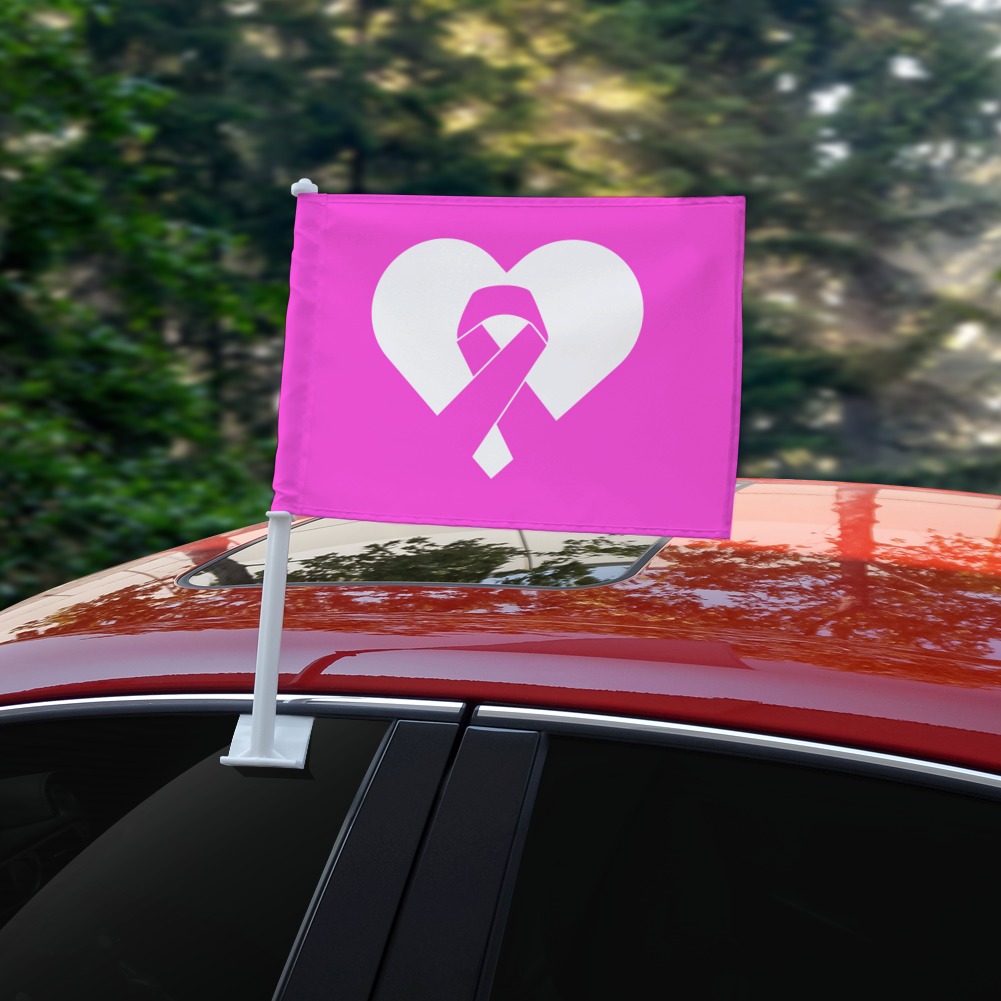 Breast Cancer Awareness Pink Ribbon Car Flag with Window Clip On Pole Holder