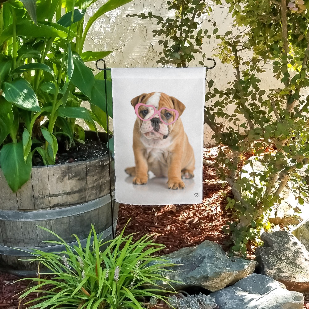 British Bulldog Puppy Dog Wearing Heart Glasses Garden Yard Flag 