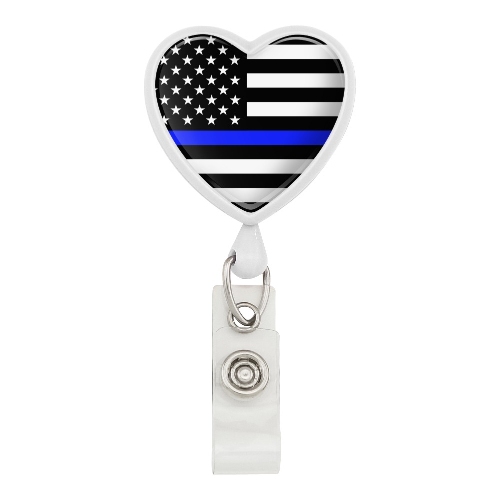 Thin Blue Line American Flag Heart Lanyard Retractable Reel Badge ID Card Holder